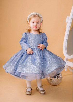 Long Sleeves Blue Glitter V Back Flower Girl Dress